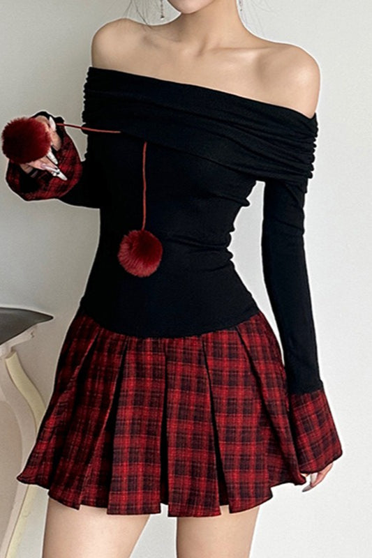 Off-the-shoulder Color Block Plaid Cuffed Pom-pom Mini Dress