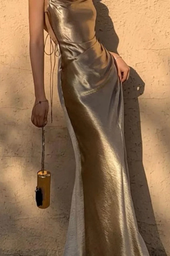 Satin Spaghetti Strap Backless Prom Maxi Dress