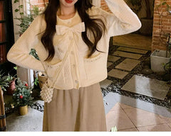 Sweet Bow Beaded Red Cropped Cardigan Creamy-White / One Size Cardigan-241208