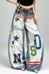 3D Graphic Print Wide Leg Denim Jeans