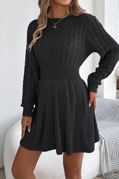 Solid Round Neck Chunk Cable Waisted Knit Mini Dress