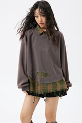 Distressed Plaid Layered Polo Collar Oversized Sweatshirt