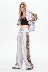 Leopard Faux Fur Trim Zip Up Hoodie