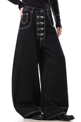 Deep Wash Draped Wide Leg Denim Jeans
