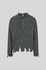 Distressed Ribbed Henley Neck Knit Sweater