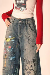 Graffiti Print Baggy Wide Leg Denim Jeans