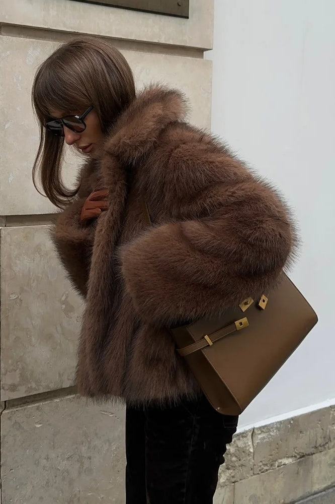 Warm Faux Fur Lapel Coat Brown / S