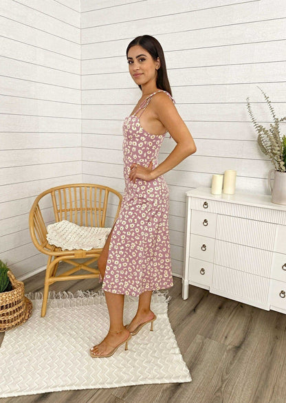 Floral Shoulder Tying Slit Midi Dress
