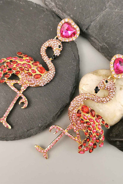 Rhinestone Heart Flamingo Earrings