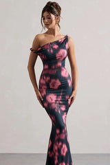 Floral Print One Shoulder Knot Mermaid Maxi Dress