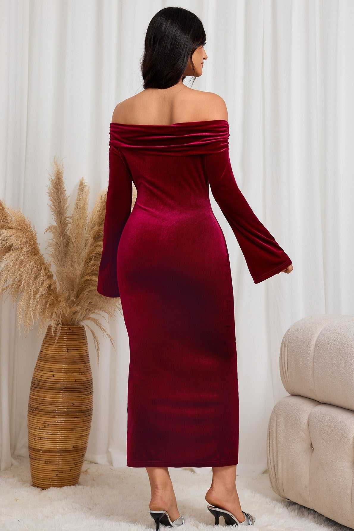 Burgundy Off-Shoulder High Slit Sexy Midi Dress