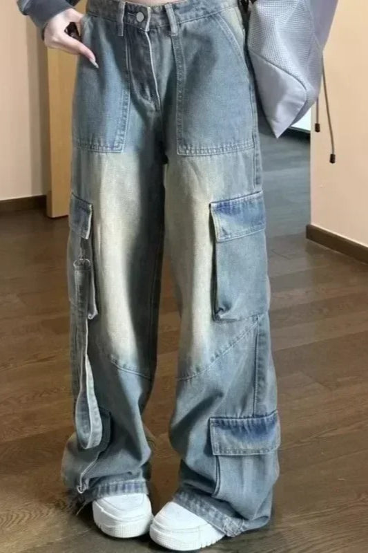 High Waist Spliced Pocket Cargo Jeans