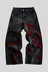 Centipede Embroidered Distressed Flared Denim Jeans