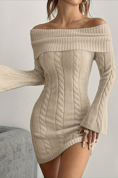 Trendy Casual Versatile Solid Off Shoulder Knit Sweater Dress