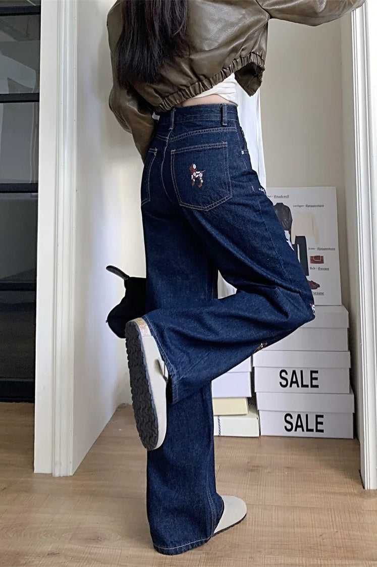 Embroidered Print Wide Leg Denim Jeans