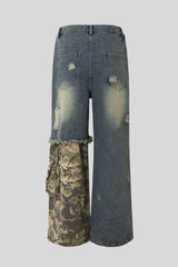 Camo Panel Distressed Wide Leg Jeans
