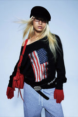 Distressed Flag Off Shoulder Long Sleeve T-Shirt