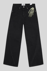 Skeleton Embroidered Wide Leg Black Jeans
