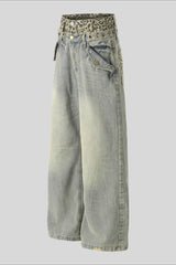 Leopard Double Waist Wide Leg Jeans