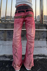 Pink Graphic Double Waist Flared Jeans