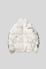 Bear Graphic Marble Print Puffer Jacket