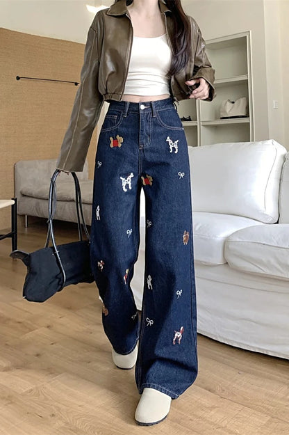 Embroidered Print Wide Leg Denim Jeans