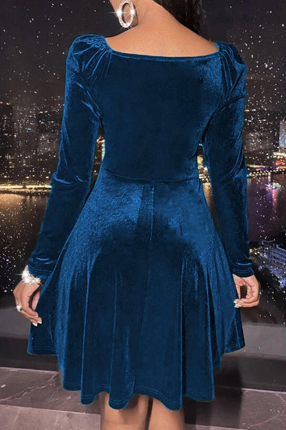 Velvet Solid Long Sleeve V-neck Midi Dress