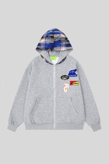 Plaid Panel Patch Full Zip Hoodie