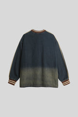 Washed Denim Embroidered V Neck Varsity Sweatshirt