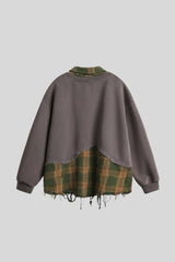 Distressed Plaid Layered Polo Collar Oversized Sweatshirt