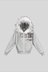 Studded Fur Hood Graphic Zip Hoodie