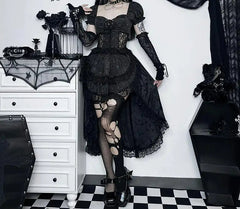 Uneven Folded Lace Black Midi Dress black / S