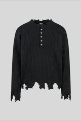 Distressed Ribbed Henley Neck Knit Sweater