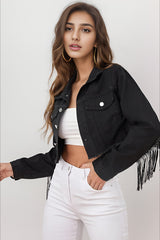Beaded Fringe Raw Hem Denim Coat