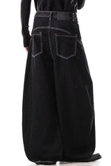 Deep Wash Draped Wide Leg Denim Jeans