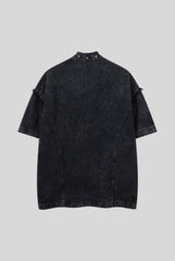 Studded Distressed Denim Short Sleeve Shirt