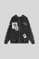 Patch Graphic Washed Full Zip Hoodie