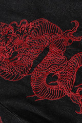 Red Dragon Embroidered Wide Leg Jeans