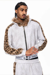 Leopard Faux Fur Trim Zip Up Hoodie