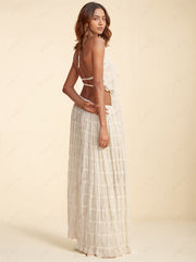 Charm Pleated Drawstring Charming Waist Tiered Maxi Skirt