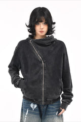 Asymmetric Zip Washed Hooded Coat