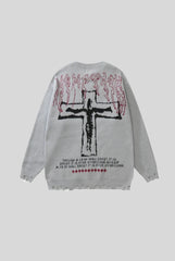 Gothic Cross Typography Distressed Sweater