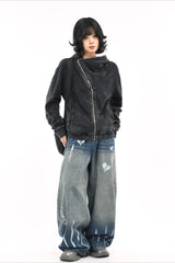 Asymmetric Zip Washed Hooded Coat
