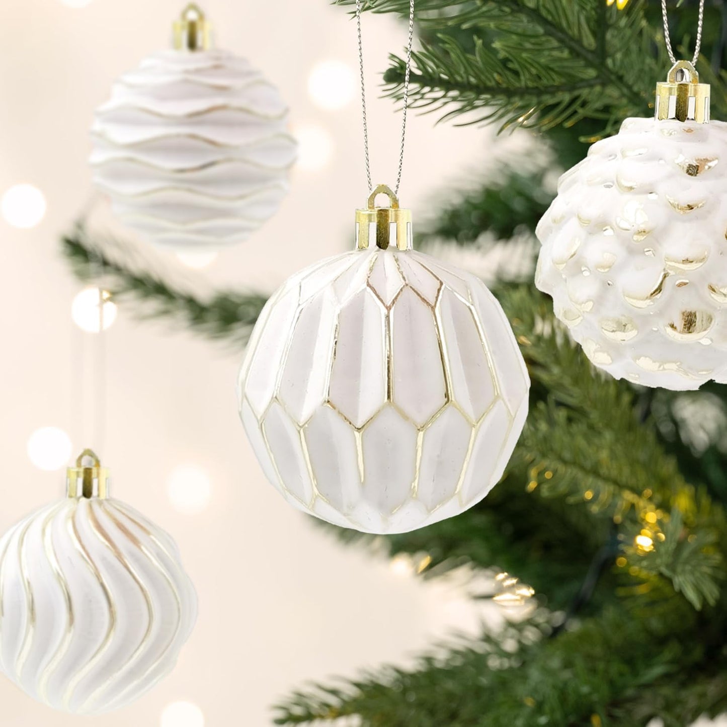 Vintage Farmhouse Christmas Tree Ornaments - White and Gold Distressed Hanging Balls