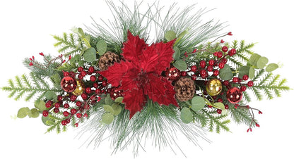 Xmas Greenery Swag with Red Berries, Pine Cones, and Poinsettias Flower for Front Door