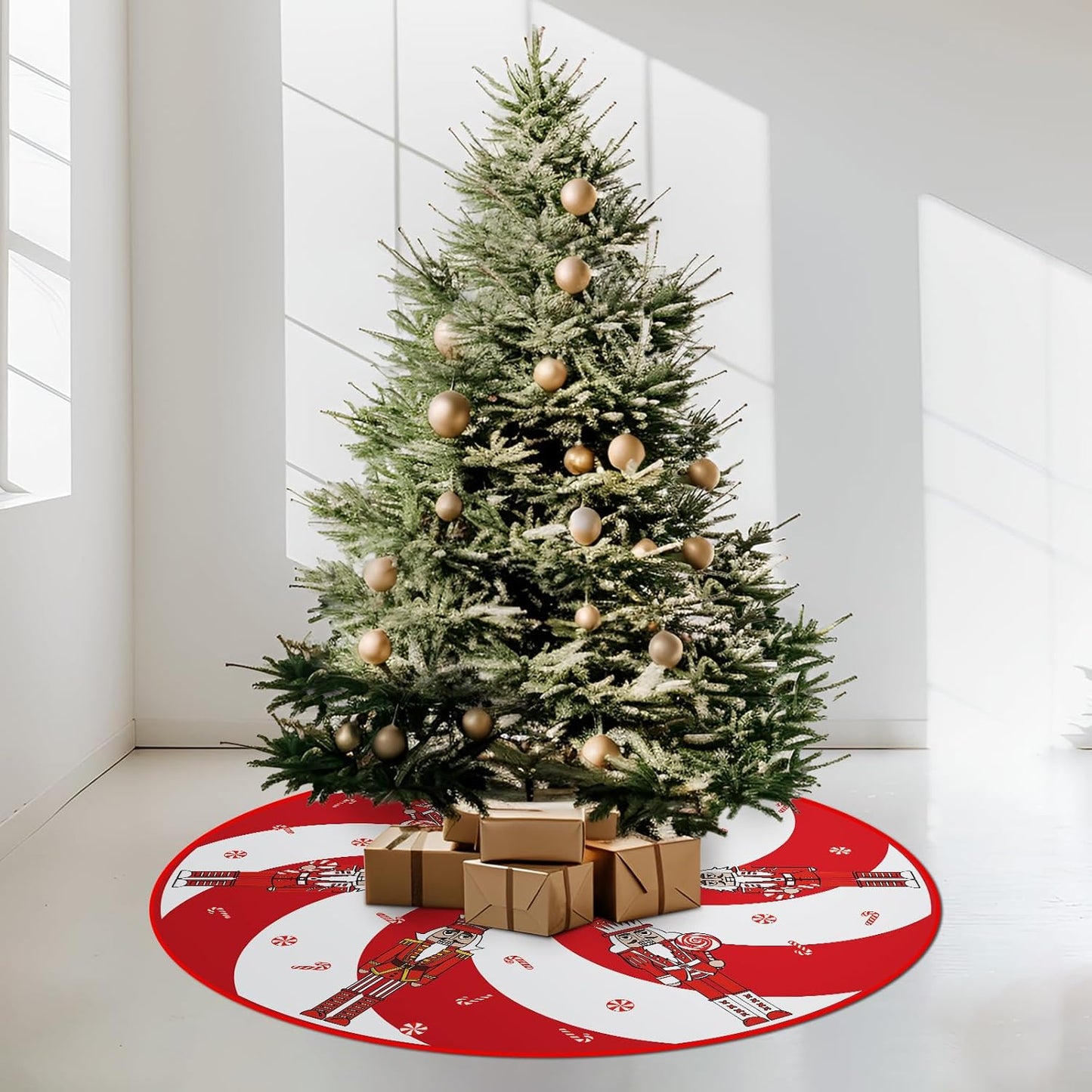 Red Christmas Tree Skirt with Candy Cane and Nutcracker Decorations - 48"