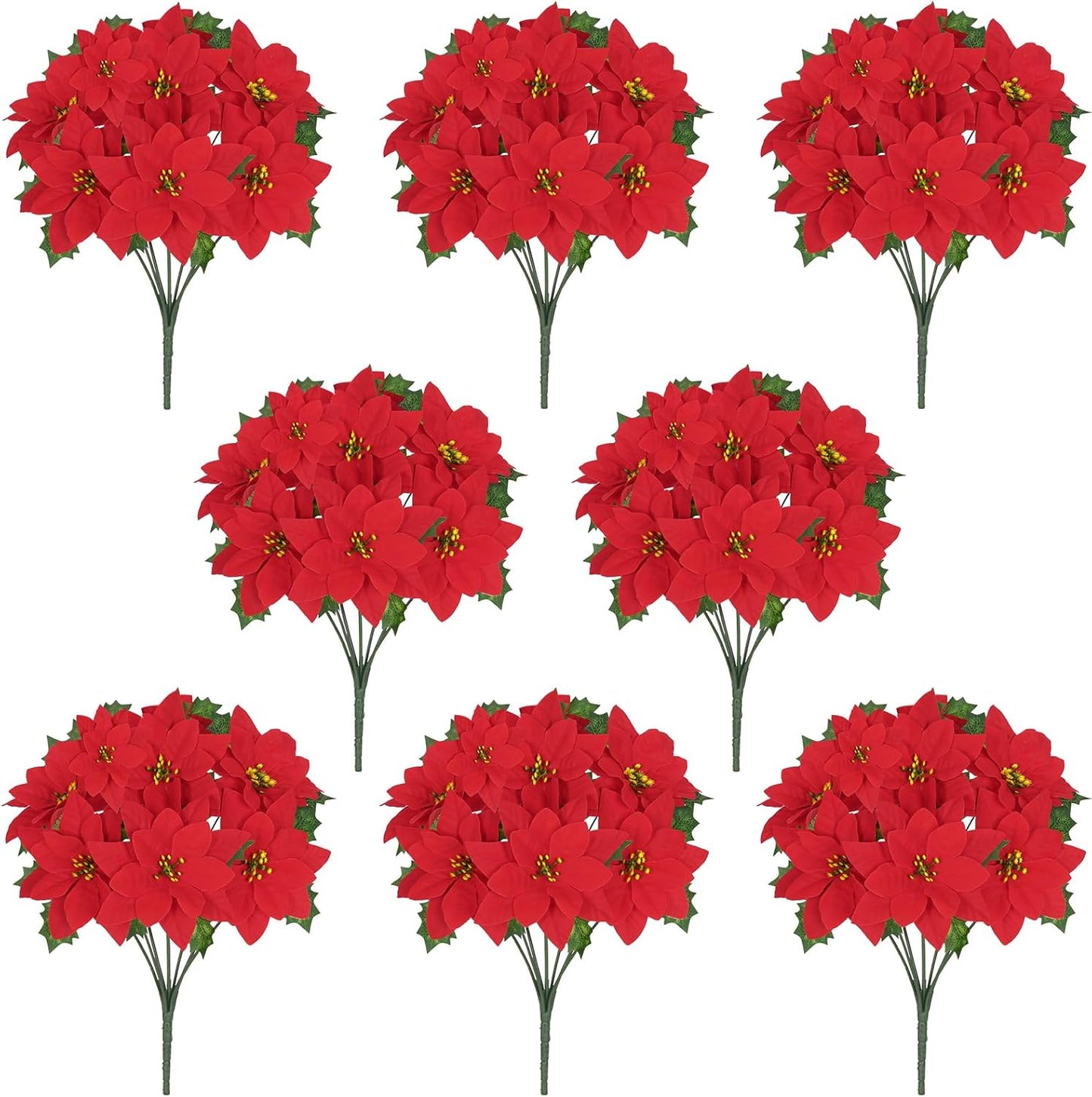 Velvet Red Poinsettia Artificial Christmas Flowers - 8 Pack for Tree Decoration