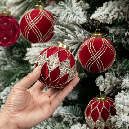 Flocked Red Christmas Ball Ornaments - 12-Pack, 80mm/3.15 in