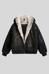 Washed Denim Faux Fur Lined Hooded Coat