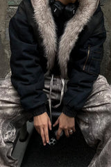 Washed Denim Faux Fur Lined Hooded Coat